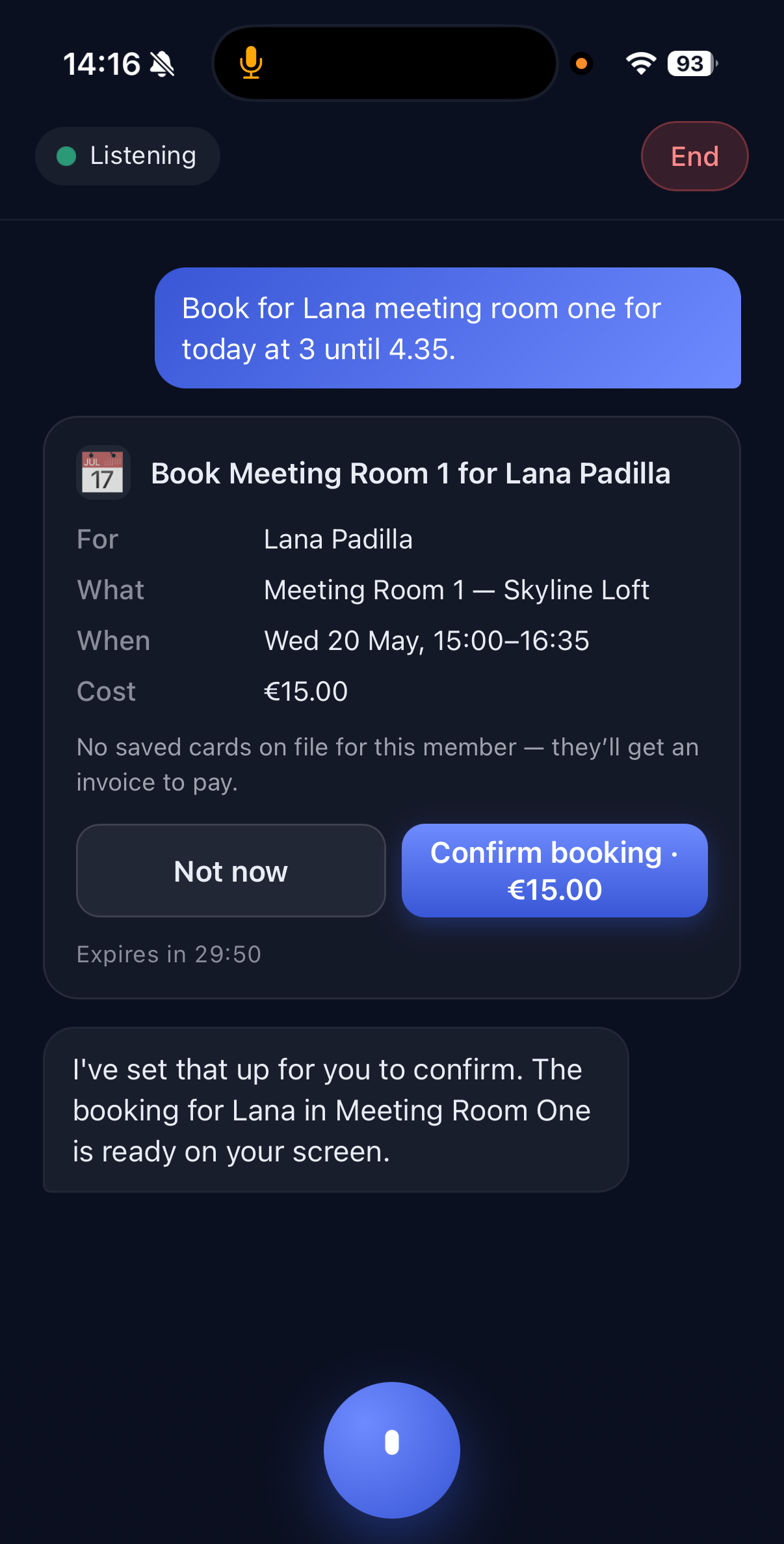 Emily booking confirmation screen waiting for your tap to confirm