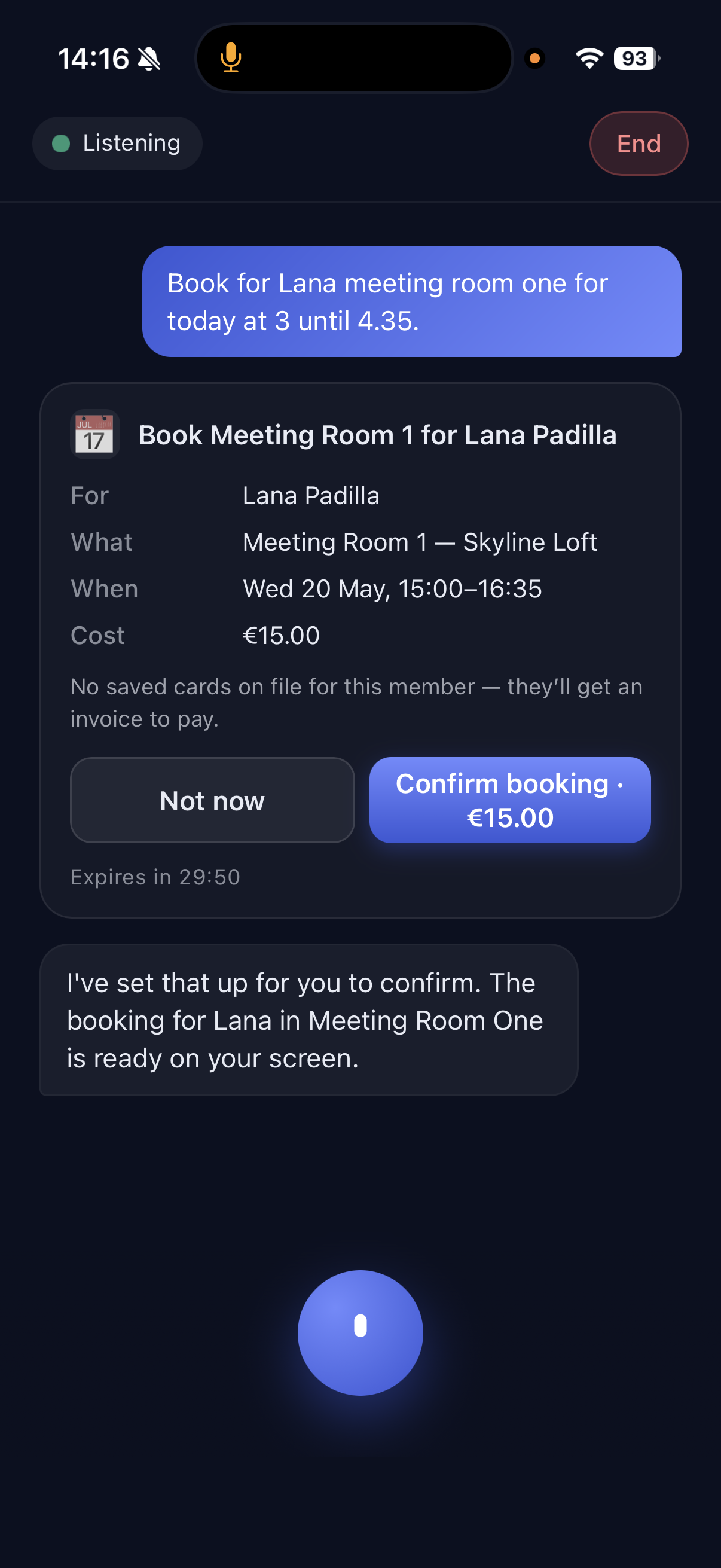 Emily preparing a meeting room booking for a member, waiting for a tap to confirm
