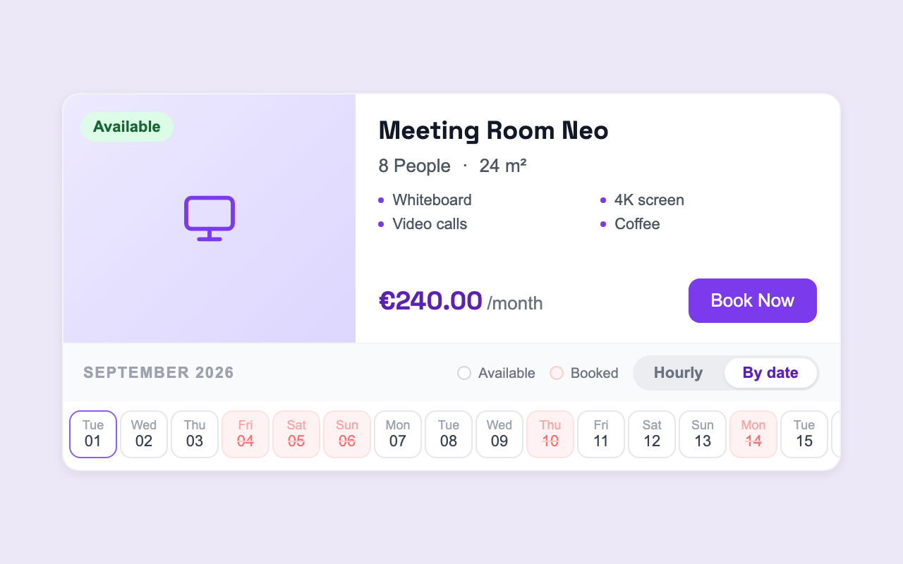The Co-Desk booking card switched to By date