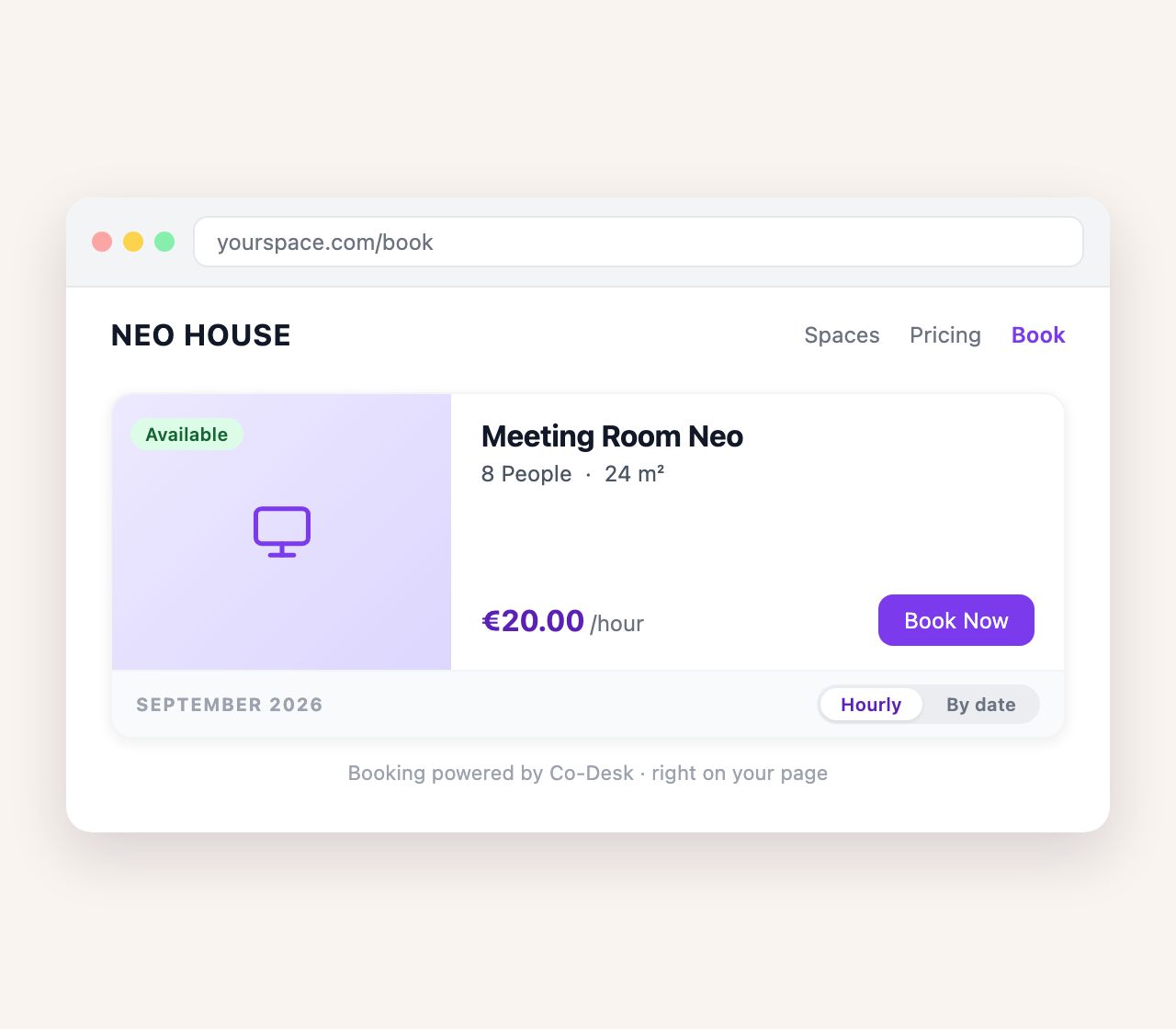 A coworking website with the Co-Desk booking card embedded on its Book page