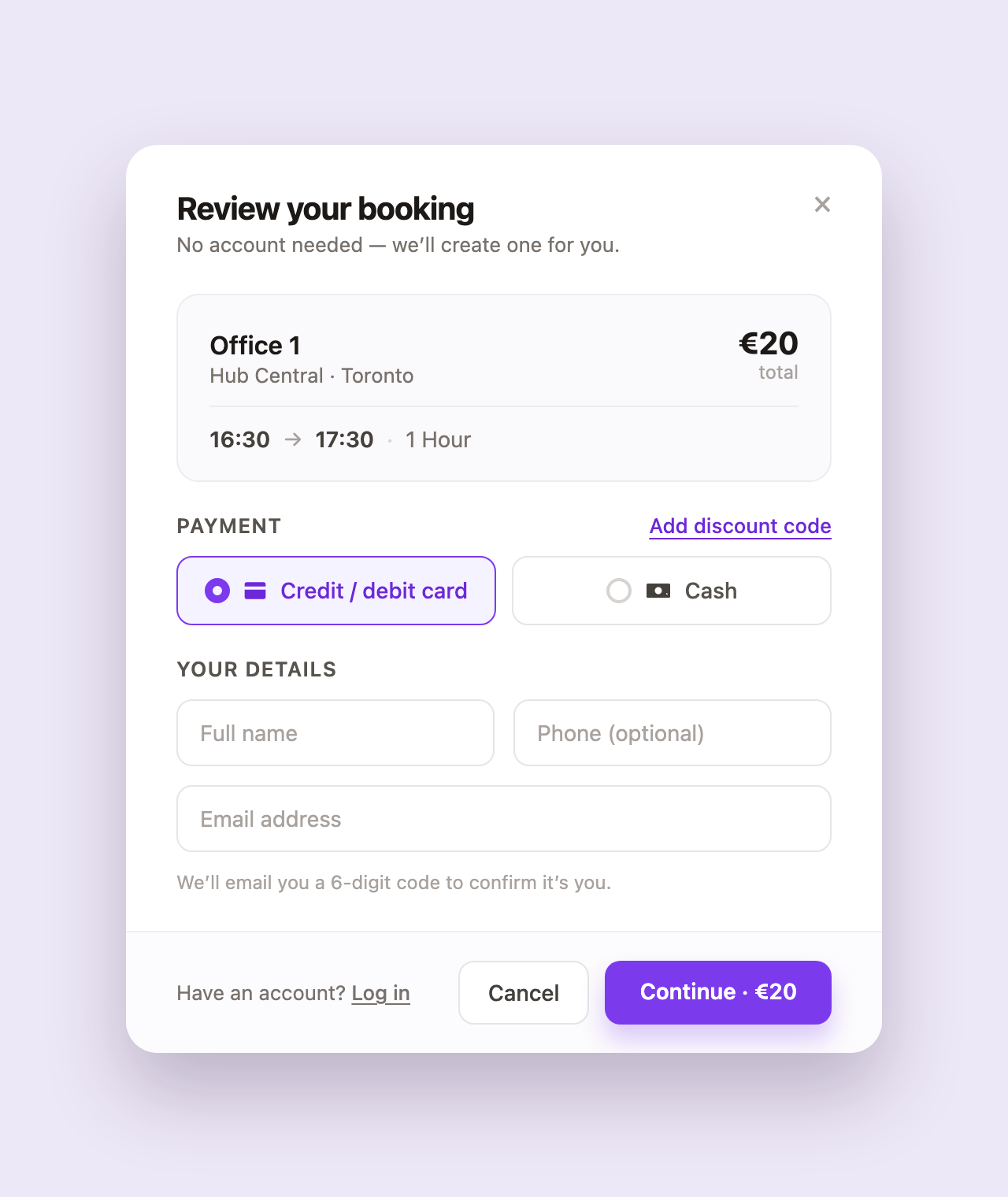 The guest checkout window with payment choice and contact fields