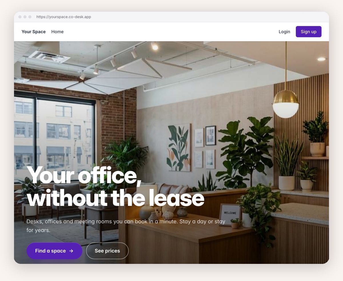 A published coworking home page with a large photo and the headline Your office, without the lease
