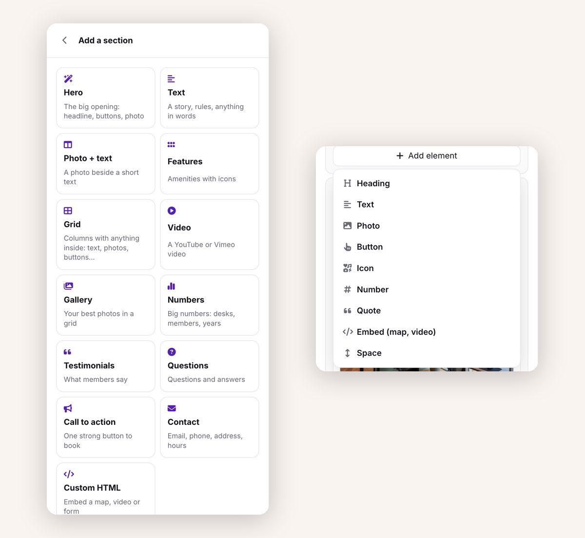The Add a section menu with 13 section types, and the list of 9 elements you can put inside a grid
