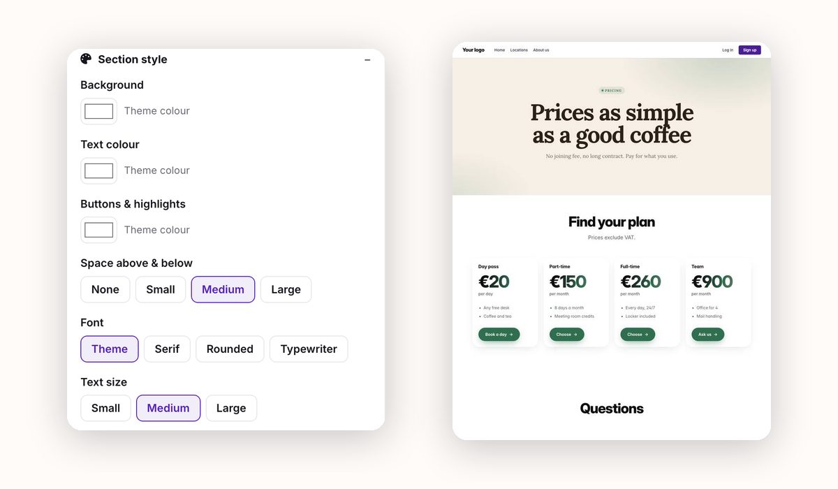 The section style panel next to a pricing page that uses a serif font and green buttons