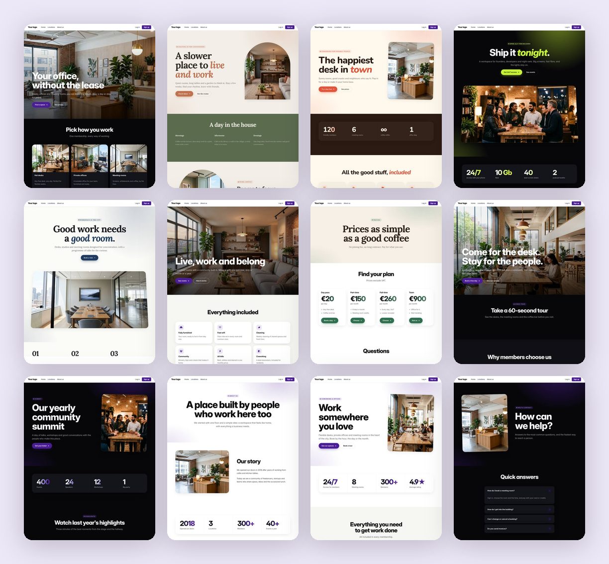 Twelve Co-Desk page templates: home pages, pricing, events, about us and contact, in light and dark designs