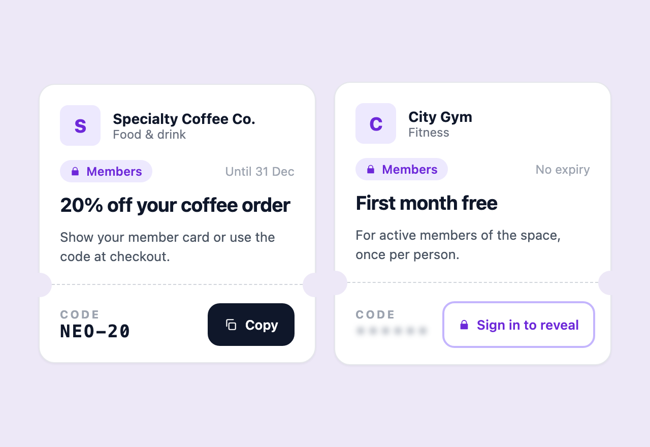 Two perk cards, one with a code to copy and one locked until sign-in